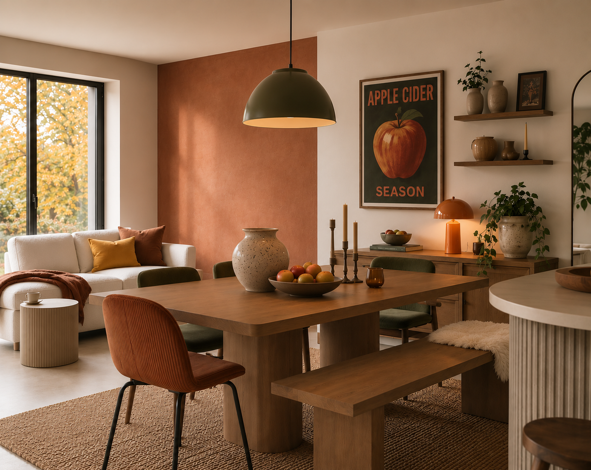 Séjour et salle à manger inspirés de l'Apple Cider Aesthetic avec mur en chaux terracotta, mobilier en bois, décoration automnale et ambiance chaleureuse.