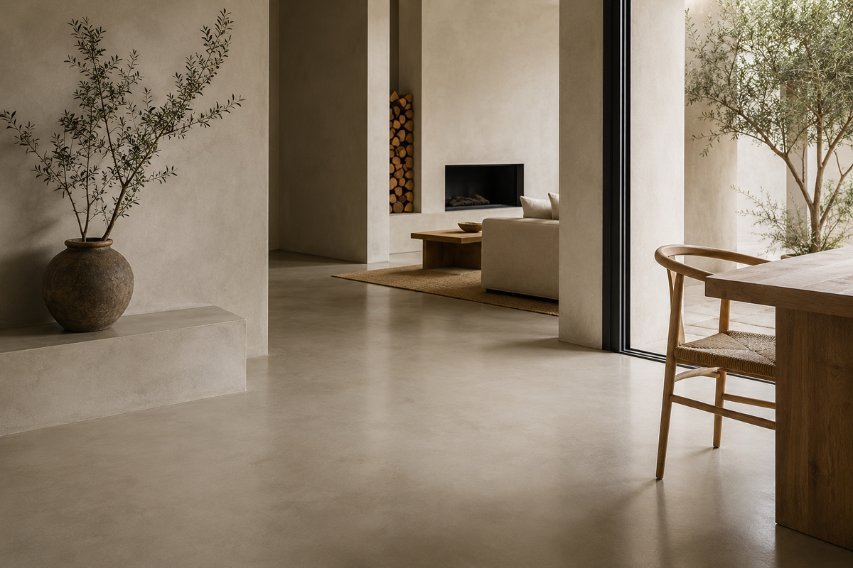 Intérieur minimaliste avec sol et murs en béton ciré beige, mobilier en bois et décoration naturelle.