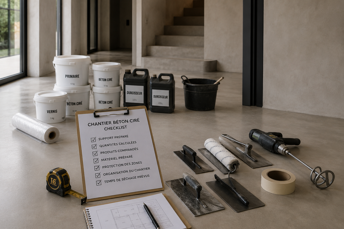 Préparation d’un chantier en béton ciré avec outils, produits et checklist d’organisation disposés sur le sol.