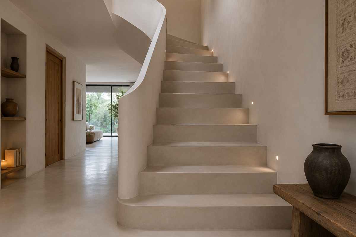 Escalier contemporain en béton ciré beige avec marches et contremarches assorties dans un intérieur aux tons naturels.