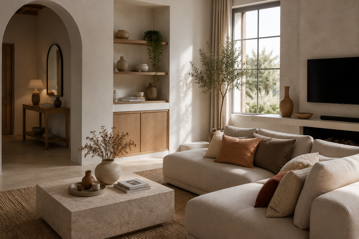 Salon contemporain aux tons beige et terracotta avec matières naturelles, mobilier minimaliste, lumière chaleureuse et décoration élégante inspirée des intérieurs haut de gamme intemporels.