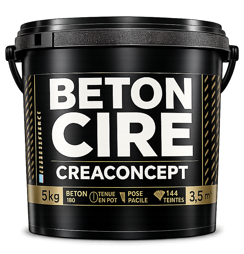 Seau de béton ciré prêt à l’emploi Creaconcept 5 kg, fabrication française, couvrant jusqu’à 3,5 m² et application facile pour murs, sols et plans de travail.