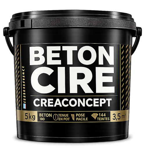 Seau de béton ciré prêt à l’emploi Creaconcept 5 kg, fabrication française, couvrant jusqu’à 3,5 m² et application facile pour murs, sols et plans de travail.